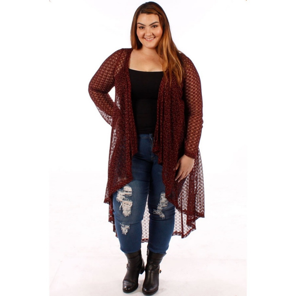 1x-3x Plus Size Burgundy Lace Lurex Cardigan 123X - Picture 2 of 6